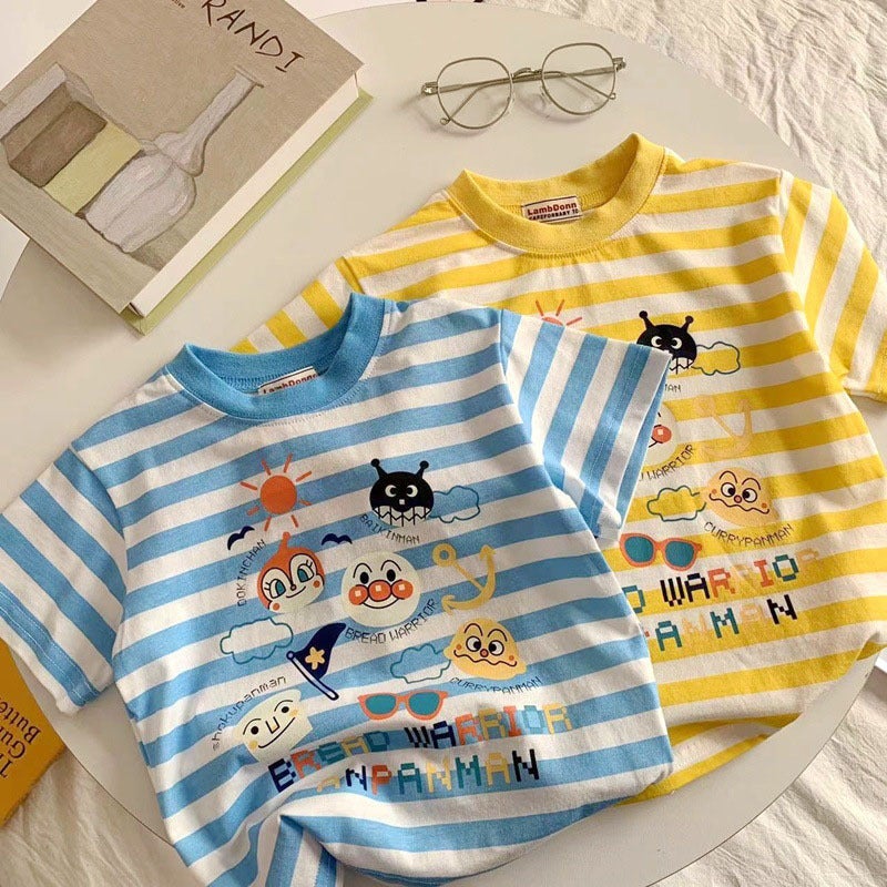 100 Cotton Summer Boys' Short-Sleeved T-Shirt Cartoon Striped Girls' All-Match Base Top - Image 2