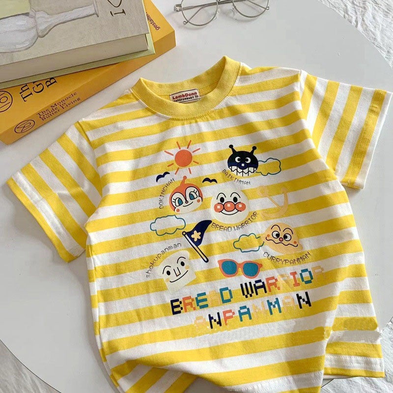 100 Cotton Summer Boys' Short-Sleeved T-Shirt Cartoon Striped Girls' All-Match Base Top - Image 1