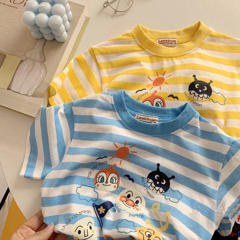 100 Cotton Summer Boys' Short-Sleeved T-Shirt Cartoon Striped Girls' All-Match Base Top - Image 3