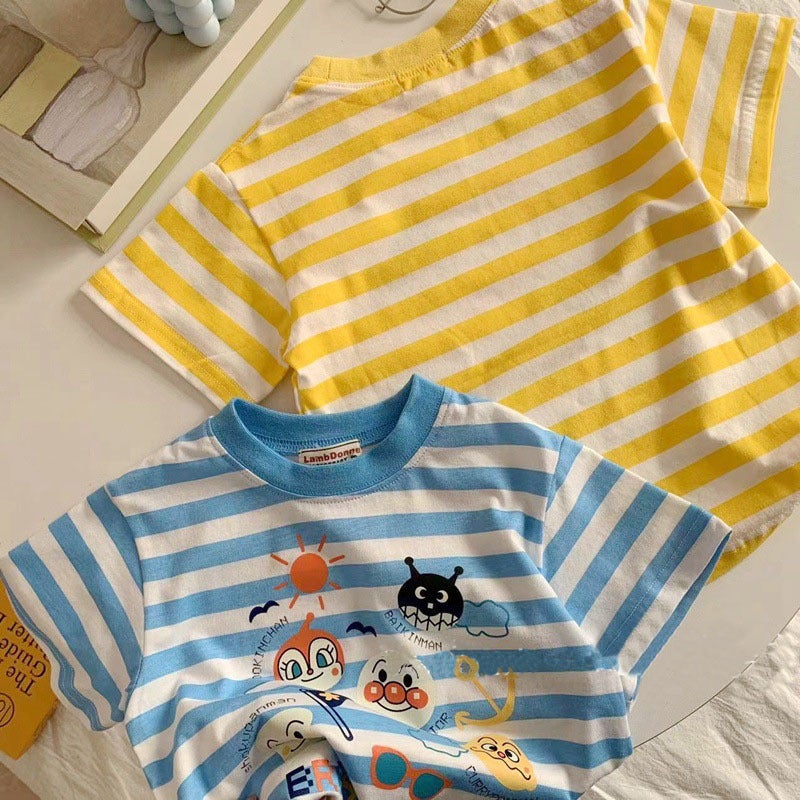 100 Cotton Summer Boys' Short-Sleeved T-Shirt Cartoon Striped Girls' All-Match Base Top - Image 4