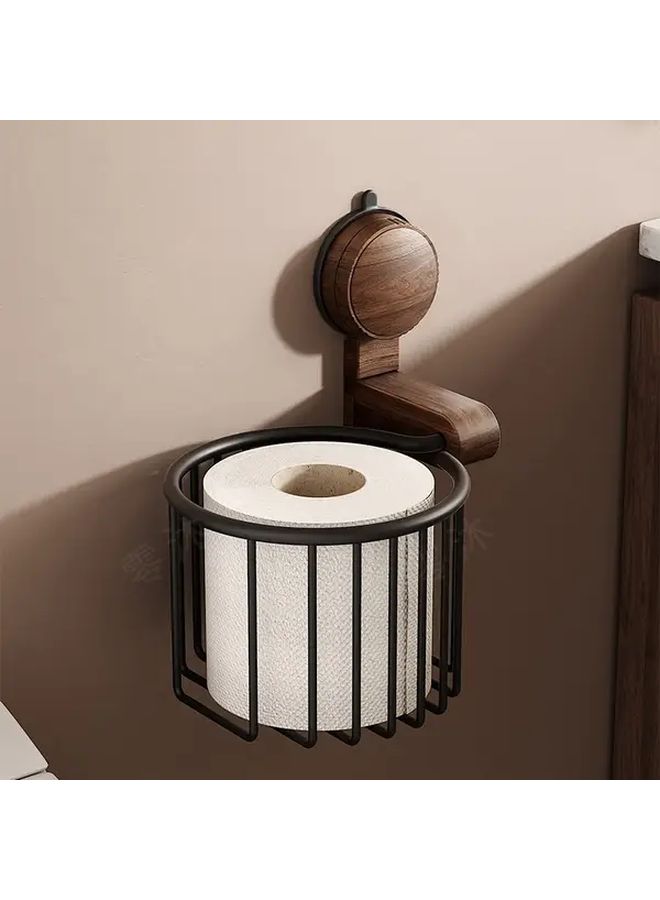 Self Adhesive Suction Cup Black Walnut Toilet Paper Holder No Drill Wall Mount Bathroom Storage Rack - Image 1