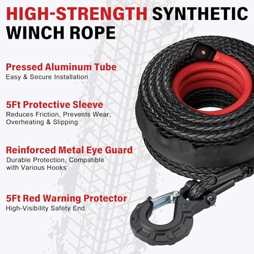 HOKINETY Synthetic Winch Rope Kit - 1/2" x 100' 31,500 lbs Synthetic Winch Cable for ATV UTV Off-Road Vehicles with Forged Hook, Protective Sleeve and Safety Pull Strap - Black - Image 2