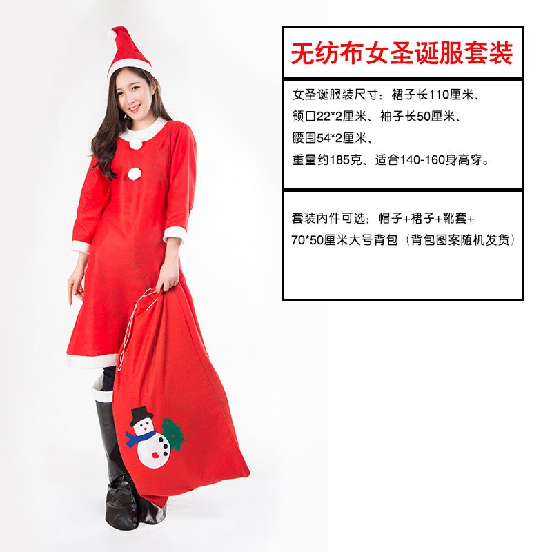 New Santa Claus Costume Adult Mens Christmas Clothes Christmas Dress Clothes Christmas Dress Non-woven women's Christmas clothing: hat skirt belt 70*50 big bag