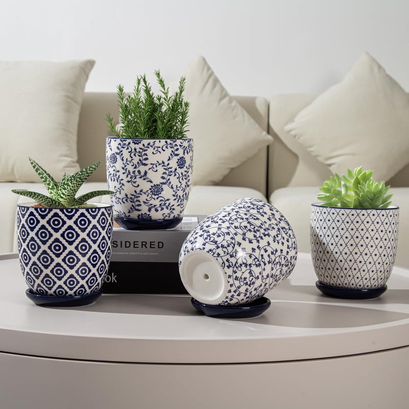 Cerkik Ceramic Succulent Planter Pots - 4.6 Inch Small Flower Pot with Drainage Holes and Saucers for Indoor Plant, Cactus, Herbs, Outdoor Plants, Home Decor, Set of 4, Vintage Blue - Image 5