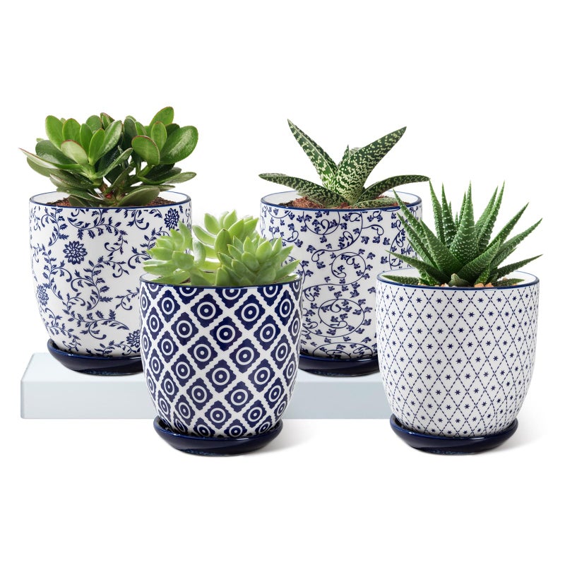 Cerkik Ceramic Succulent Planter Pots - 4.6 Inch Small Flower Pot with Drainage Holes and Saucers for Indoor Plant, Cactus, Herbs, Outdoor Plants, Home Decor, Set of 4, Vintage Blue - Image 1