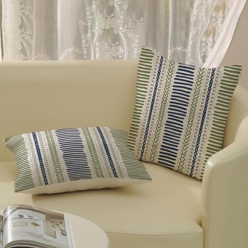 DAFENA Sage Green Pillow Covers 18x18 Inch 2 Pcs Boho Navy Blue Grey Polka Dots Stripe Decor Throw Pillows Modern Geometric Outdoor Farmhouse Decoration Pillowcase Linen Cushion Cover for Couch Sofa - Image 4