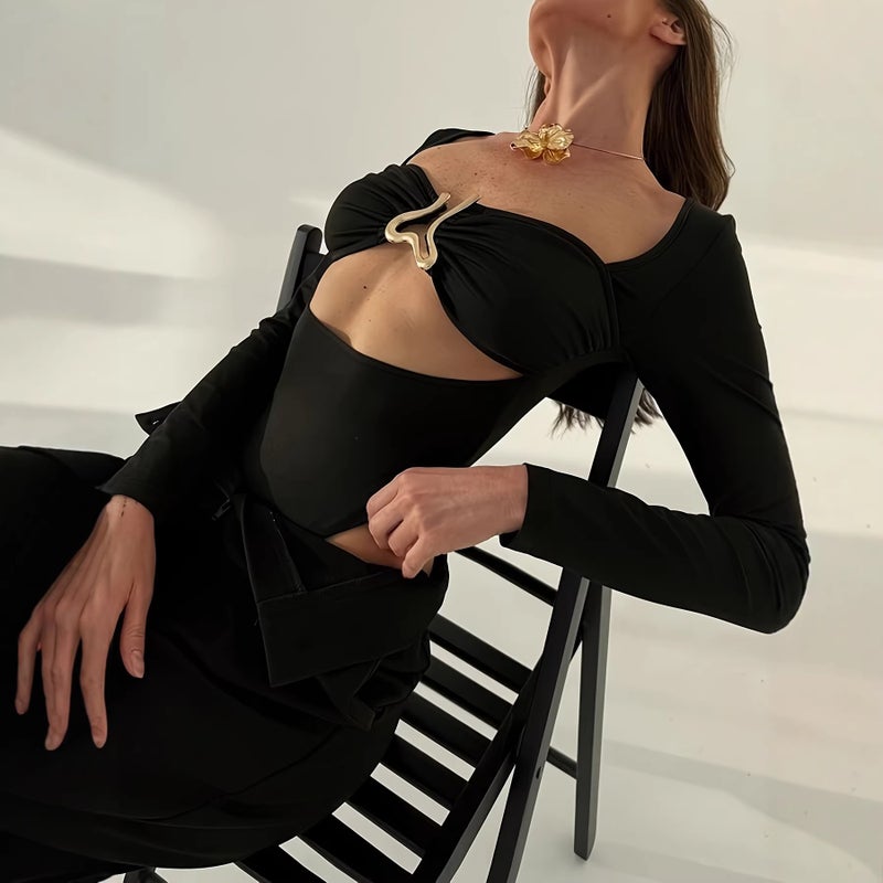 بدلة نسائية طويلة الأكمام مع فتحات وخصر مربوط - Image 1