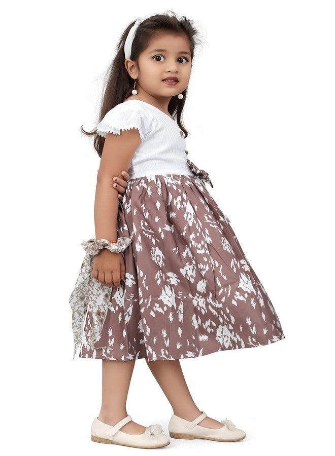 FEBVIBE Kids Girls Knee Length Printed Frocks Dress, Brown - Image 3