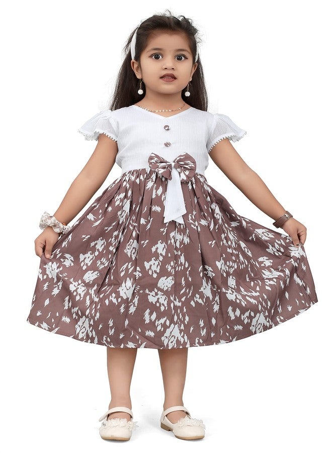 FEBVIBE Kids Girls Knee Length Printed Frocks Dress, Brown - Image 1