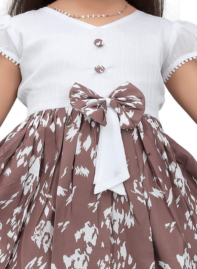 FEBVIBE Kids Girls Knee Length Printed Frocks Dress, Brown - Image 4