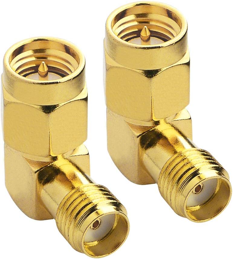 onelinkmore SMA Male to Female Right Angle Adapter 90 Degree L-Shape Connector for FPV Goggles, Drone, Router Antenna Gold Plated 50 Ohm RF Coax Elbow Jack Plug (Not RP-SMA) Pack of 2… - Image 1