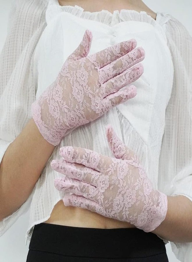 KETKAR Ladies Lace Short Wedding Gloves Elegant Bridal Gloves Floral Lace Party_Pink - Image 4