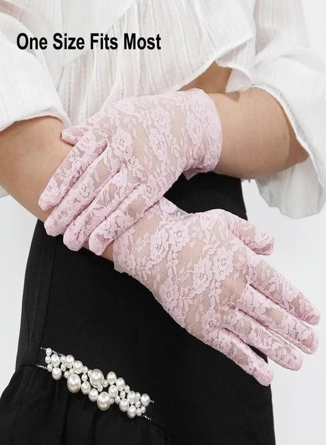 KETKAR Ladies Lace Short Wedding Gloves Elegant Bridal Gloves Floral Lace Party_Pink - Image 5