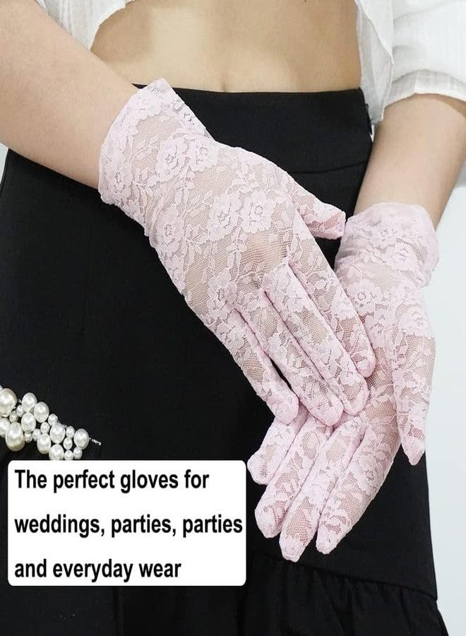 KETKAR Ladies Lace Short Wedding Gloves Elegant Bridal Gloves Floral Lace Party_Pink - Image 2
