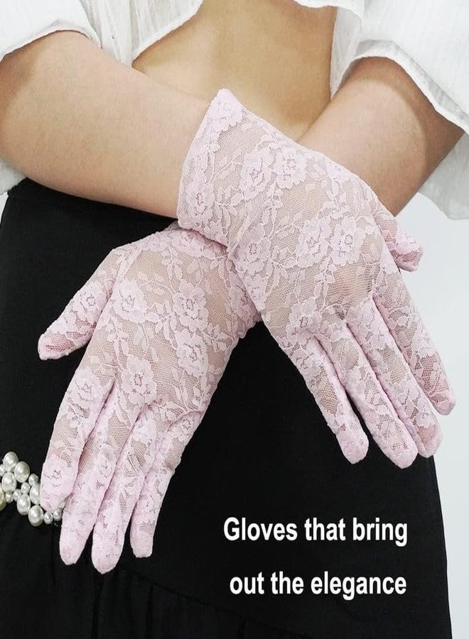 KETKAR Ladies Lace Short Wedding Gloves Elegant Bridal Gloves Floral Lace Party_Pink - Image 3