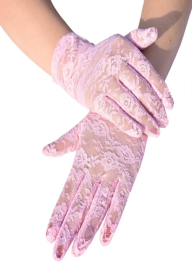 KETKAR Ladies Lace Short Wedding Gloves Elegant Bridal Gloves Floral Lace Party_Pink - Image 1