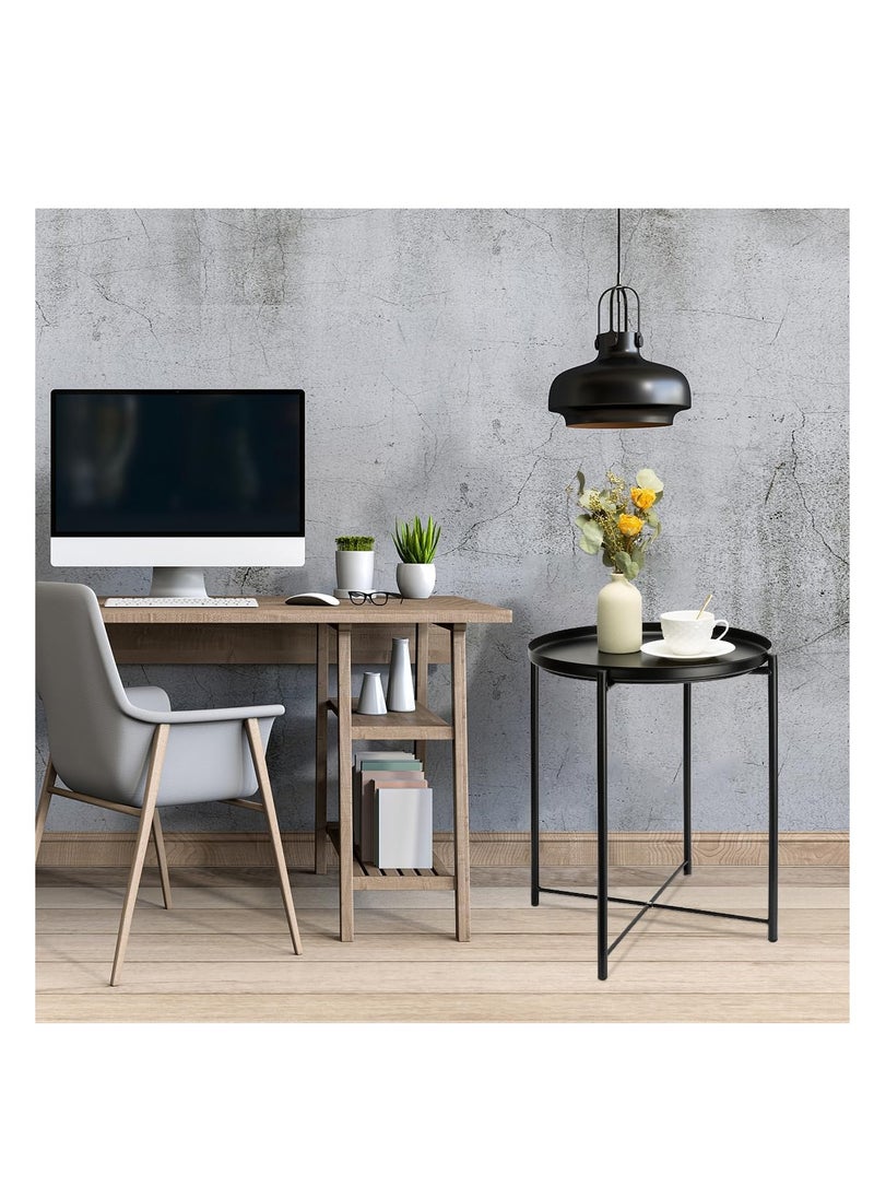 Generic Side Table Round Metal, Outdoor Side Table Small Sofa End Table Indoor Accent Table Round Metal Coffee Table Waterproof Removable Tray Table for Living Room Bedroom Balcony Office Black  - Image 1