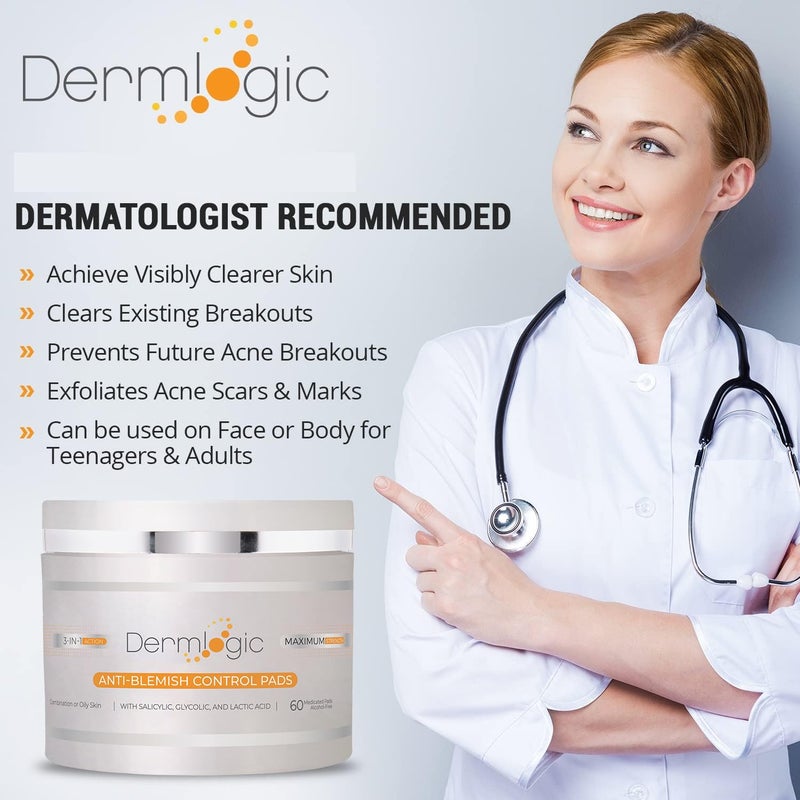 Dermlogic Acne Treatment Pads- Contains Salicylic, Glycolic, & Lactic Acid for Face & Body. Clears Away Clogged Pores, Oily Skin & Cystic Breakouts. Removes Dark Spots, Blackhead & Whitehead Pimples - Image 2