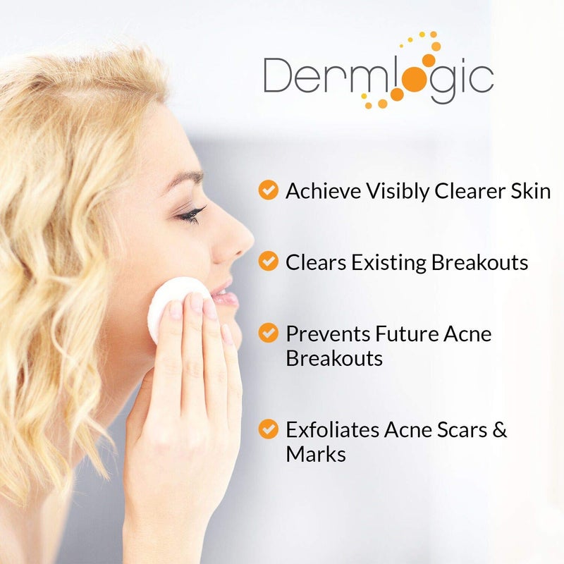Dermlogic Acne Treatment Pads- Contains Salicylic, Glycolic, & Lactic Acid for Face & Body. Clears Away Clogged Pores, Oily Skin & Cystic Breakouts. Removes Dark Spots, Blackhead & Whitehead Pimples - Image 4