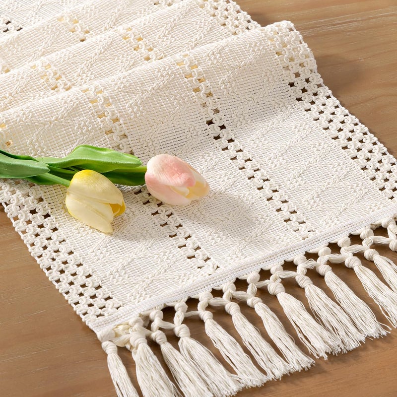 Socomi Boho Table Runner Easter Spring Farmhouse Rustic Dining Kitchen Centerpiece Decor Small Macrame Woven Cotton Linen Coffee Table Runner for Dresser Scarf Home Decor 12x36 inch Cream Ivory - Image 2