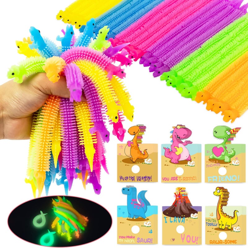 OOINQQ Valentines Day Cards for Kids 24Pcs Dinosaur Cards With Glow in Dark Stretchy String Sensory Fidget Toys for Party Favors Classroom Exchange Gifts School Supplies - Image 2