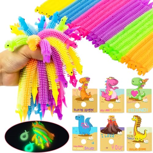 OOINQQ Valentines Day Cards for Kids 24Pcs Dinosaur Cards With Glow in Dark Stretchy String Sensory Fidget Toys for Party Favors Classroom Exchange Gifts School Supplies - Image 1