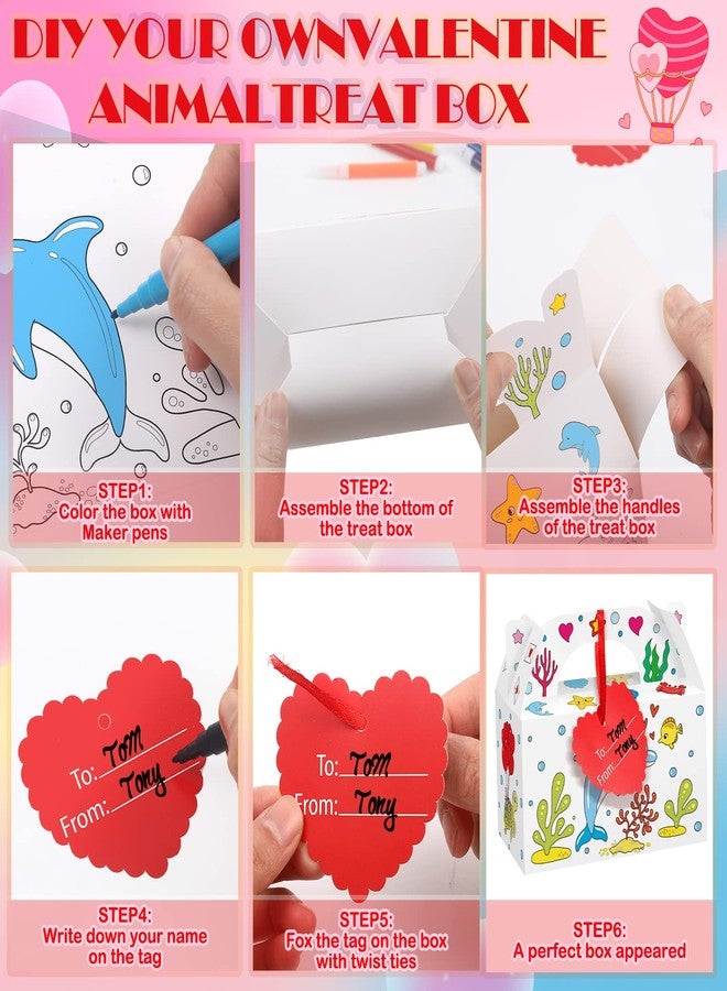 Ferraycle 48 Sets Valentine Treat Boxes DIY Color Your Own Paintable Sea Animal Prints Goodie Boxes with 12 Marker Pens,48 Heart Tags and 48 Satin Ribbons for Kids School Supplies - Image 3