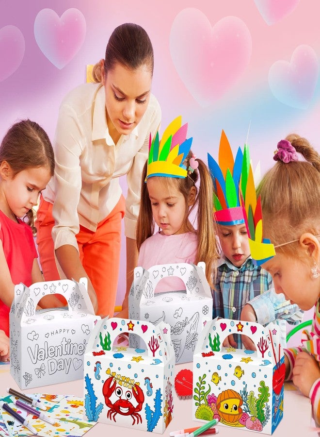 Ferraycle 48 Sets Valentine Treat Boxes DIY Color Your Own Paintable Sea Animal Prints Goodie Boxes with 12 Marker Pens,48 Heart Tags and 48 Satin Ribbons for Kids School Supplies - Image 4