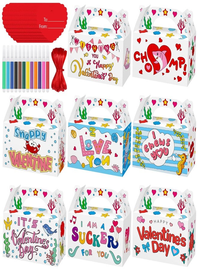 Ferraycle 48 Sets Valentine Treat Boxes DIY Color Your Own Paintable Sea Animal Prints Goodie Boxes with 12 Marker Pens,48 Heart Tags and 48 Satin Ribbons for Kids School Supplies - Image 1