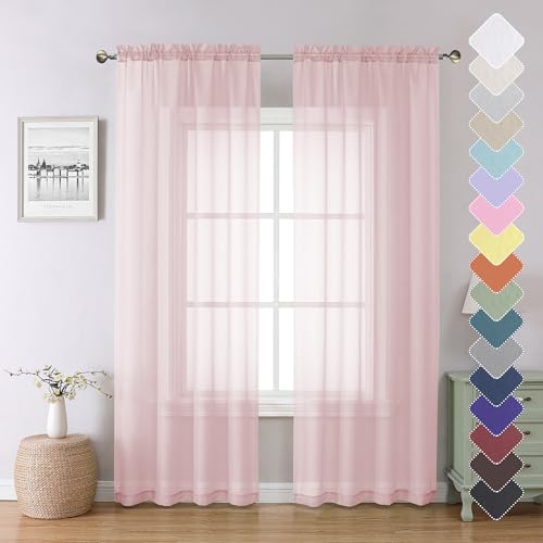 Lecloud Blush Pink Sheer Curtains 84 Inches Long 2 Panels Set, Light Filtering Window Curtains for Living Room Bedroom, Solid Voile French Door/Dining Room Drapes with Dual Rod Pocket, 40" W X 84" L - Image 1