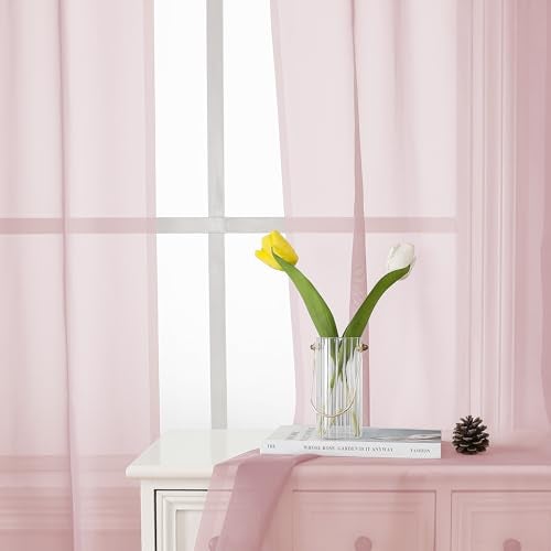 Lecloud Blush Pink Sheer Curtains 84 Inches Long 2 Panels Set, Light Filtering Window Curtains for Living Room Bedroom, Solid Voile French Door/Dining Room Drapes with Dual Rod Pocket, 40" W X 84" L - Image 5