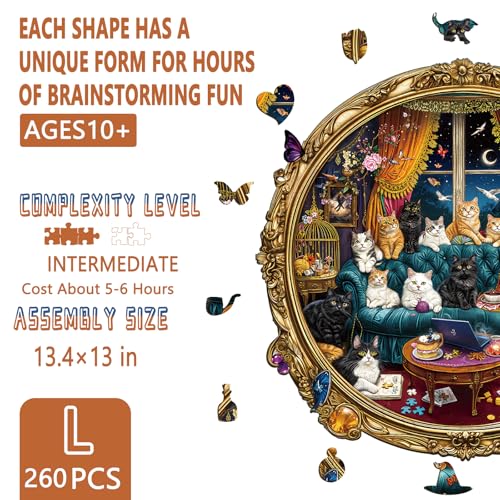 Artipuz Wooden Puzzles for Adults Cat Party Night Wooden Puzzle Unique Shape Wood Jigsaw Puzzle for Adults Wood Puzzles Adult Gifts for Cat Lovers Wall Art Home Decor 260pcs 134 133in L - Image 5