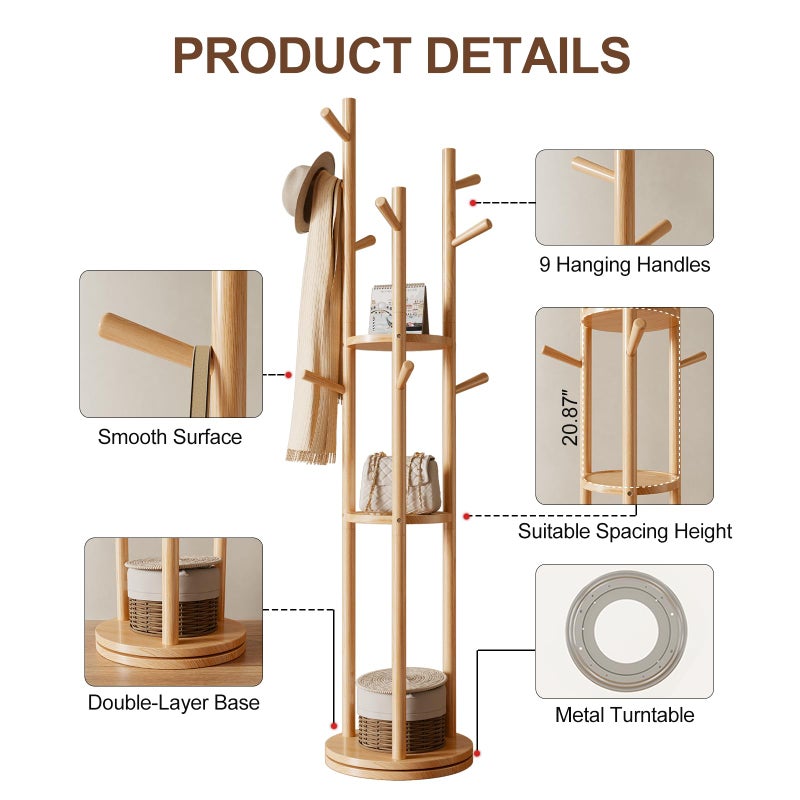 Muwuele Solid Wood Rotary Coat Rack, Freestanding Coat Rack with 3 Shelves and 9 Hooks, Coat tree for Bedroom, Entryway, Livingroom, Coat Hanger Stand for Coats, Scarves, Handbags (Natural) - Image 5