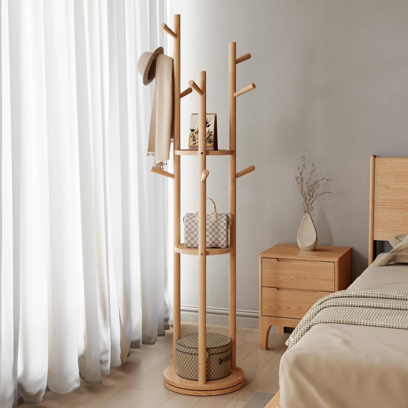 Muwuele Solid Wood Rotary Coat Rack, Freestanding Coat Rack with 3 Shelves and 9 Hooks, Coat tree for Bedroom, Entryway, Livingroom, Coat Hanger Stand for Coats, Scarves, Handbags (Natural) - Image 2