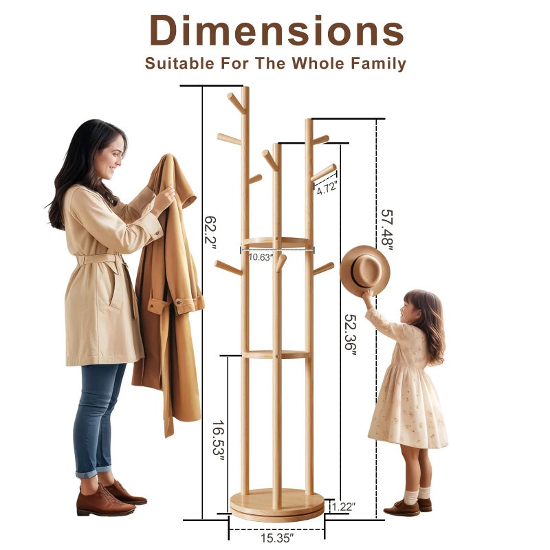 Muwuele Solid Wood Rotary Coat Rack, Freestanding Coat Rack with 3 Shelves and 9 Hooks, Coat tree for Bedroom, Entryway, Livingroom, Coat Hanger Stand for Coats, Scarves, Handbags (Natural) - Image 4