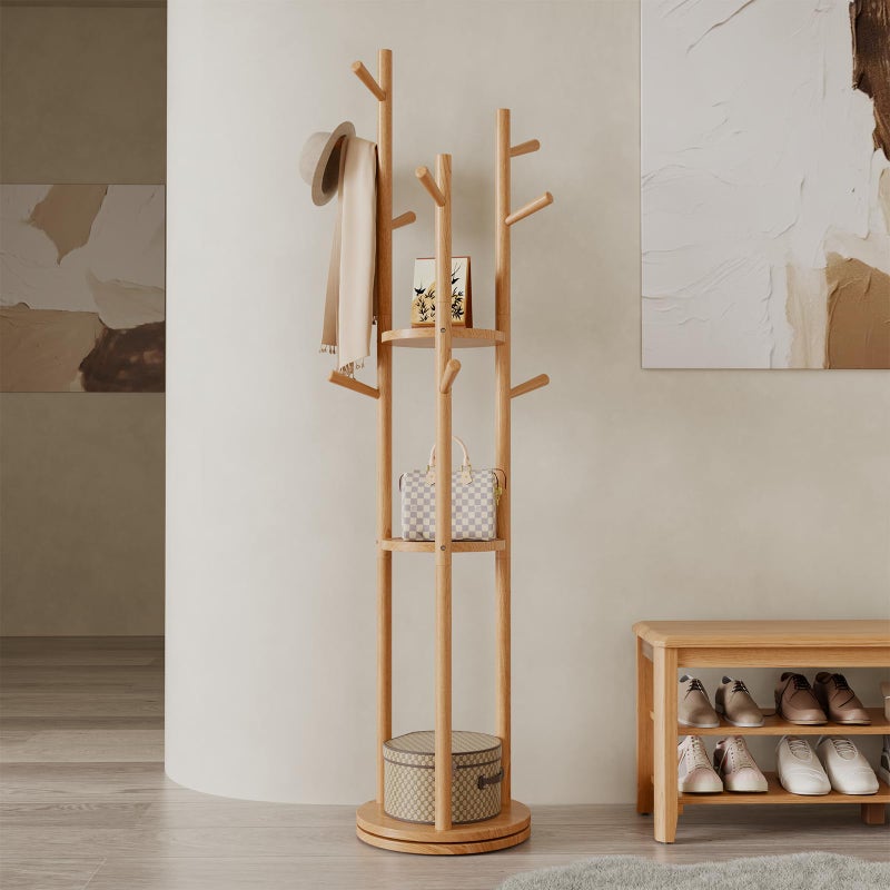 Muwuele Solid Wood Rotary Coat Rack, Freestanding Coat Rack with 3 Shelves and 9 Hooks, Coat tree for Bedroom, Entryway, Livingroom, Coat Hanger Stand for Coats, Scarves, Handbags (Natural) - Image 1