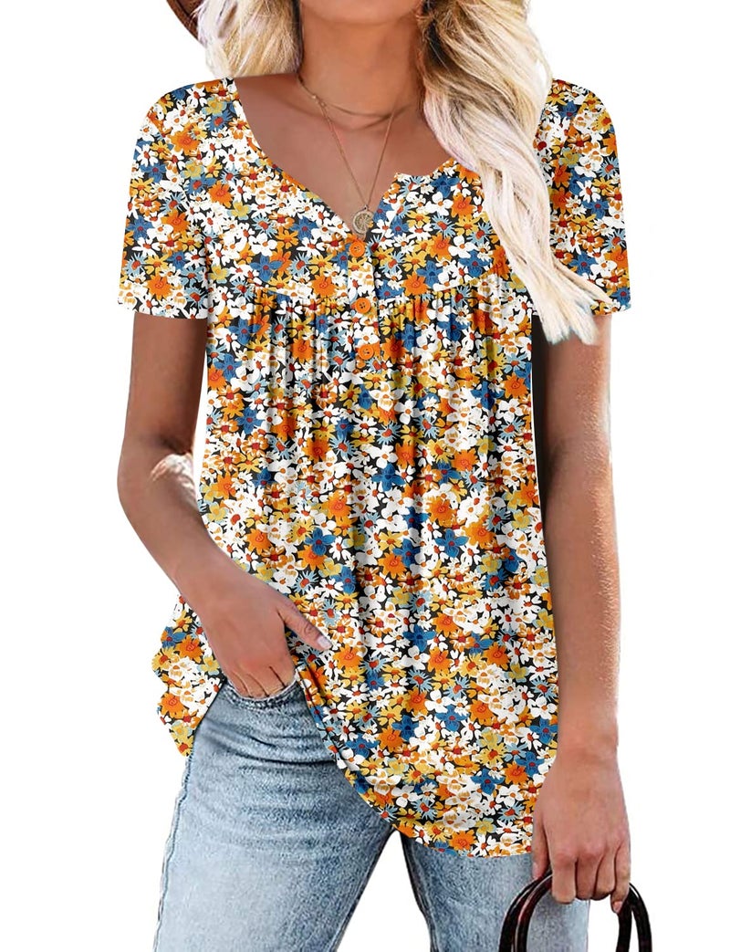 ROSELINLIN Womens Summer Tunic Tops Ruffle Loose Fit Tops Soft Comfy Short Sleeve Shirts S Orange Yellow - Image 1