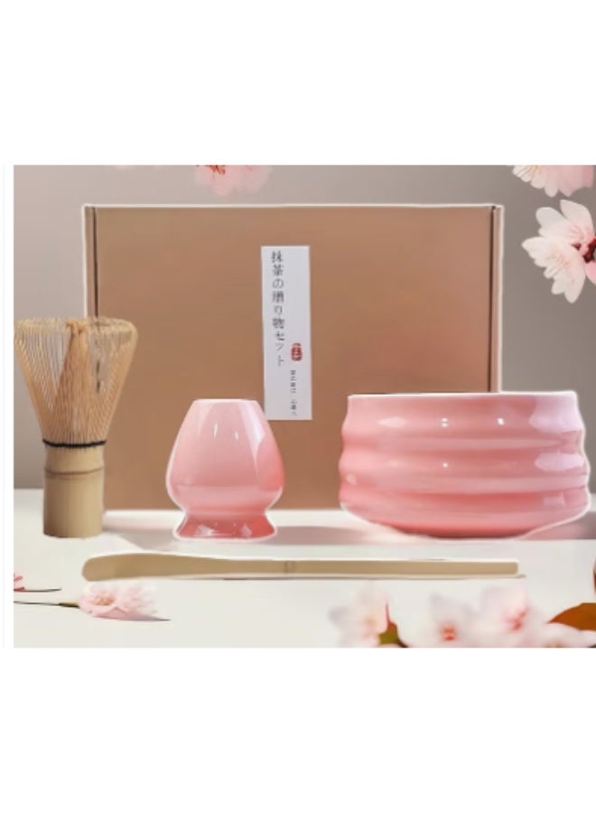 Satinior 4 Piece Matcha Tea Set Matcha Whisk Kit Matcha Ceramic Bowl Matcha Whisk, White Whisk Holder Traditional Scoop Perfect Set to a Traditional of Matcha Tool (Pink) - Image 1