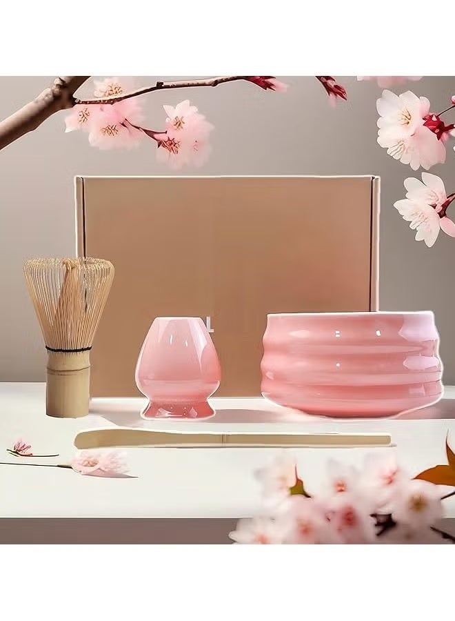 Satinior 4 Piece Matcha Tea Set Matcha Whisk Kit Matcha Ceramic Bowl Matcha Whisk, White Whisk Holder Traditional Scoop Perfect Set to a Traditional of Matcha Tool (Pink) - Image 2
