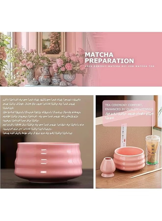 Satinior 4 Piece Matcha Tea Set Matcha Whisk Kit Matcha Ceramic Bowl Matcha Whisk, White Whisk Holder Traditional Scoop Perfect Set to a Traditional of Matcha Tool (Pink) - Image 3