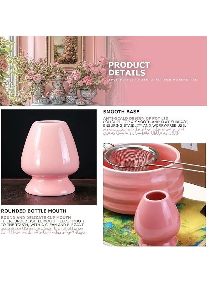 Satinior 4 Piece Matcha Tea Set Matcha Whisk Kit Matcha Ceramic Bowl Matcha Whisk, White Whisk Holder Traditional Scoop Perfect Set to a Traditional of Matcha Tool (Pink) - Image 4