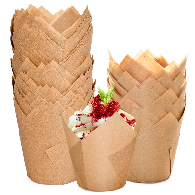 JIRNGLA 200pcs Natural Tulip Cupcake Liners, Premium Muffin Liners Holders for Baking Cups, Greaseproof Cupcake Wrappers in Standard Size, Classic Parchment Paper Cupcakes Liner by JIRNGLA - Image 1