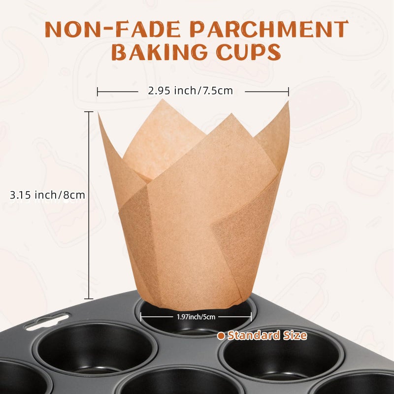 JIRNGLA 200pcs Natural Tulip Cupcake Liners, Premium Muffin Liners Holders for Baking Cups, Greaseproof Cupcake Wrappers in Standard Size, Classic Parchment Paper Cupcakes Liner by JIRNGLA - Image 2
