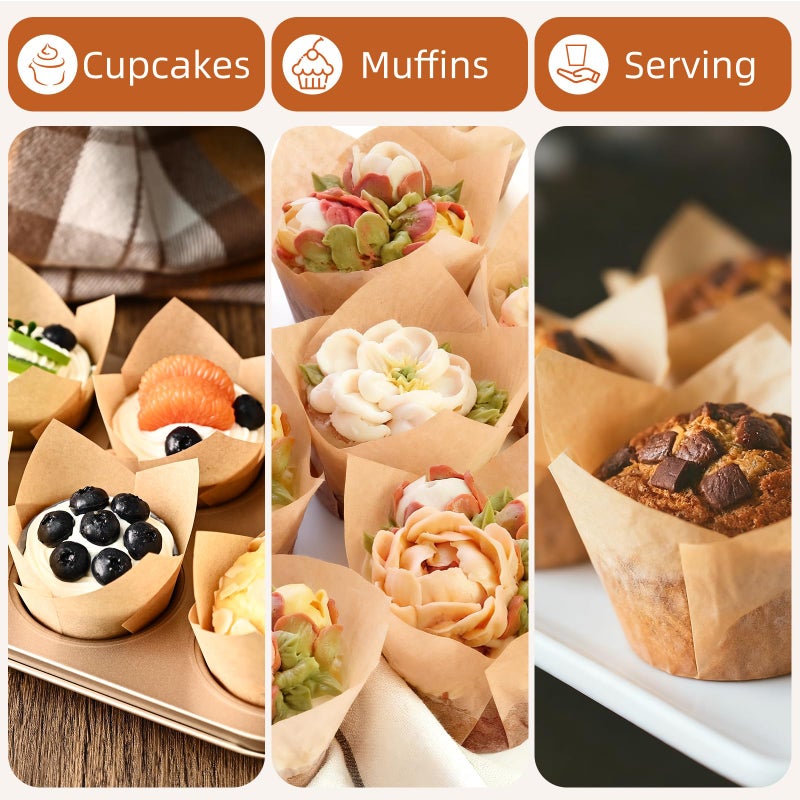 JIRNGLA 200pcs Natural Tulip Cupcake Liners, Premium Muffin Liners Holders for Baking Cups, Greaseproof Cupcake Wrappers in Standard Size, Classic Parchment Paper Cupcakes Liner by JIRNGLA - Image 3