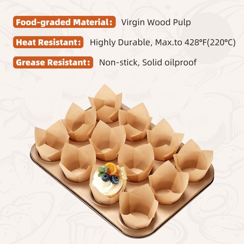 JIRNGLA 200pcs Natural Tulip Cupcake Liners, Premium Muffin Liners Holders for Baking Cups, Greaseproof Cupcake Wrappers in Standard Size, Classic Parchment Paper Cupcakes Liner by JIRNGLA - Image 5