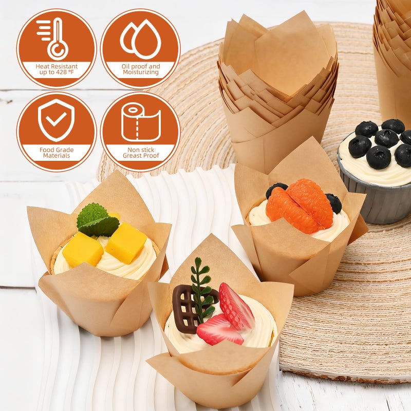 JIRNGLA 200pcs Natural Tulip Cupcake Liners, Premium Muffin Liners Holders for Baking Cups, Greaseproof Cupcake Wrappers in Standard Size, Classic Parchment Paper Cupcakes Liner by JIRNGLA - Image 4