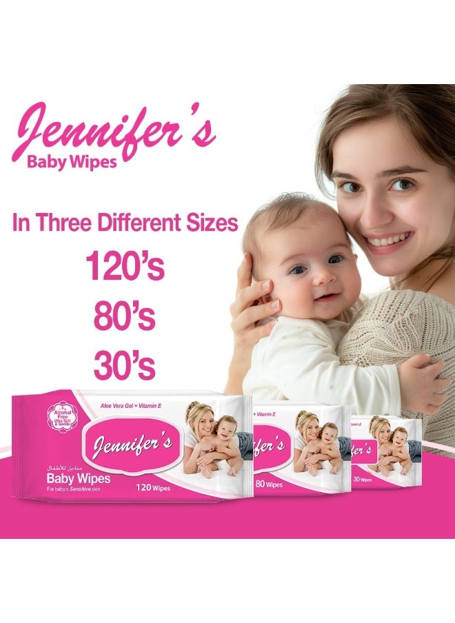 Jennifer's - Pack of 4 Baby Wipes 30's Ultra Soft, Alcohol-Free, Extra Gentle, Aloe Vera Gel, Vitamin E, and Safe for Delicate Skin 180 Wipes - Image 1