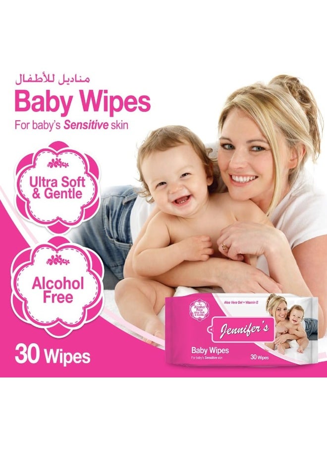Jennifer's - Pack of 4 Baby Wipes 30's Ultra Soft, Alcohol-Free, Extra Gentle, Aloe Vera Gel, Vitamin E, and Safe for Delicate Skin 180 Wipes - Image 1
