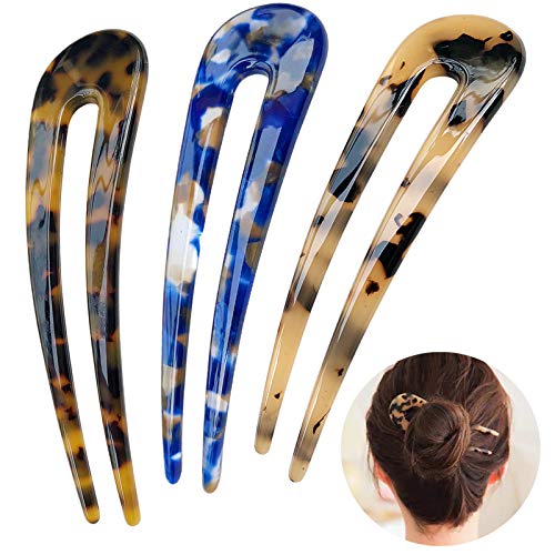 HYFEEL French Hair Forks Tortoise Shell U Shape Updo Hair Pins Clips for Thin Thick Hair 43 inch Classic Cellulose Acetate 2 Prong Bun Hair Sticks Chignon Women Vintage Hairstyle Accessories 3 Pack