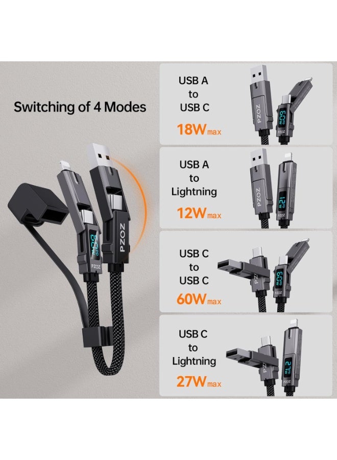 PZOZ Short iPhone Charger Cable 0.18M, 60W 4 in 1 Multi Charging Cable, Portable Keychain Charger USB C to Lightning Charging Cord with LED Display for iPhone 17 15 16 Pro Max Samsung Power Pank - Image 3